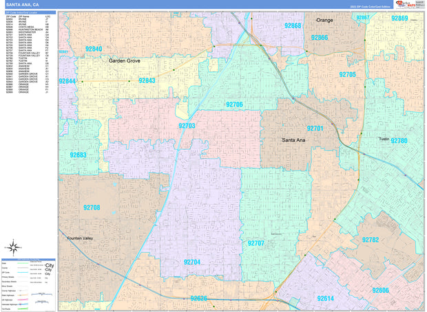 Color Cast Zip Code Style Wall Map of Santa Ana, CA. by Market Maps