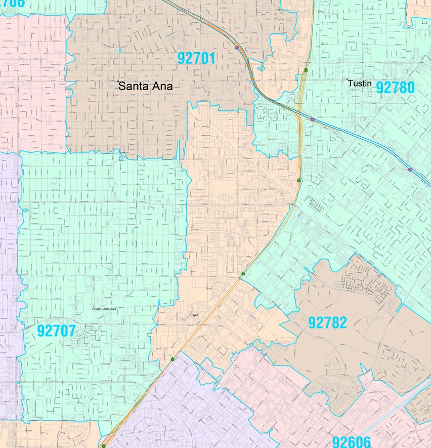 Color Cast Zip Code Style Wall Map of Santa Ana, CA. by Market