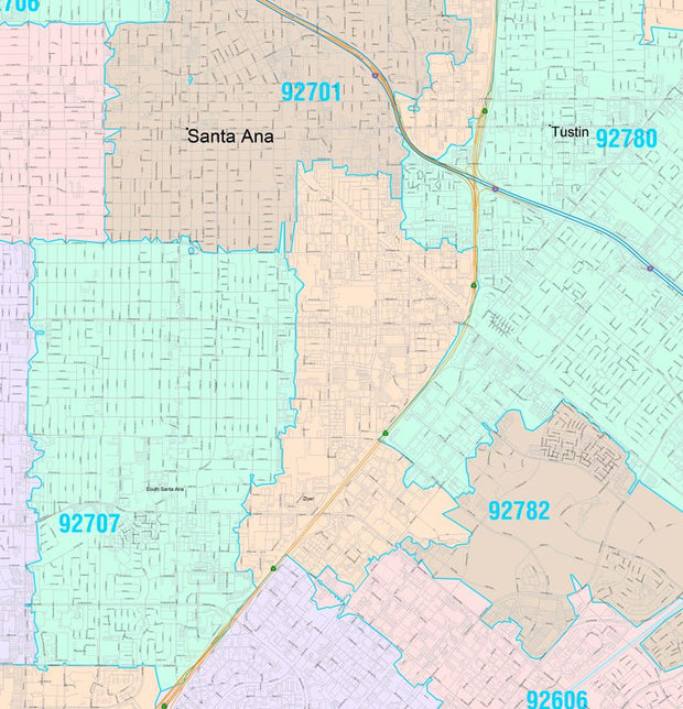 Color Cast Zip Code Style Wall Map of Santa Ana, CA. by Market Maps