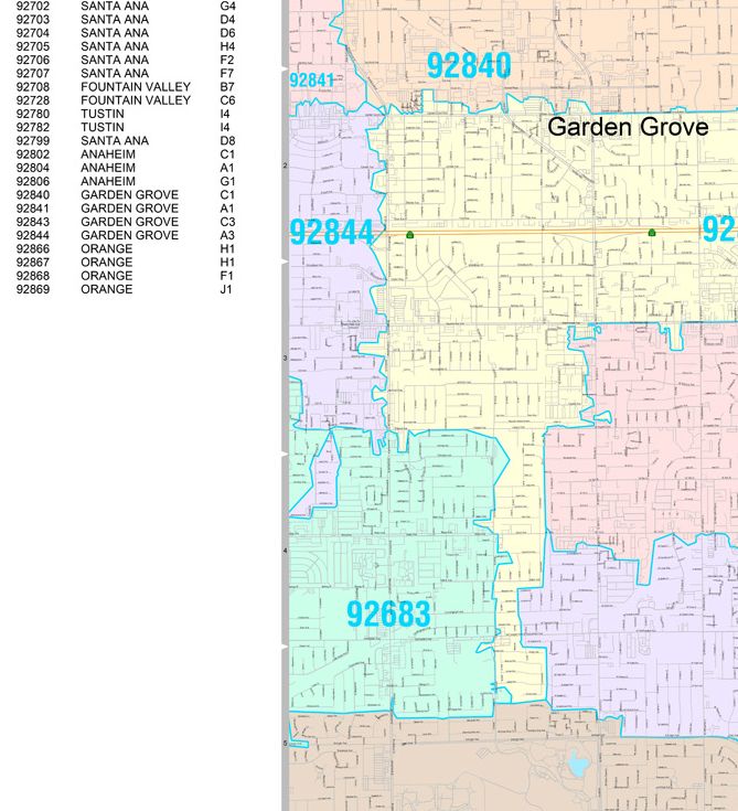 Color Cast Zip Code Style Wall Map of Santa Ana CA