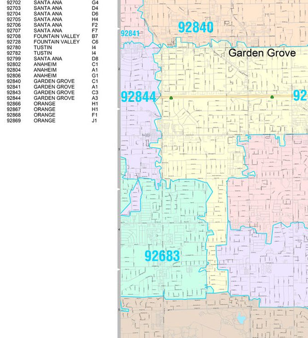 Color Cast Zip Code Style Wall Map of Santa Ana, CA. by Market Maps