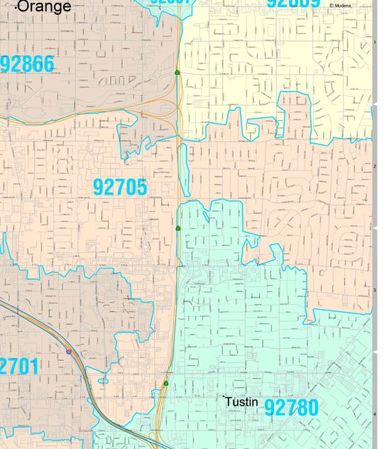 Color Cast Zip Code Style Wall Map of Santa Ana CA