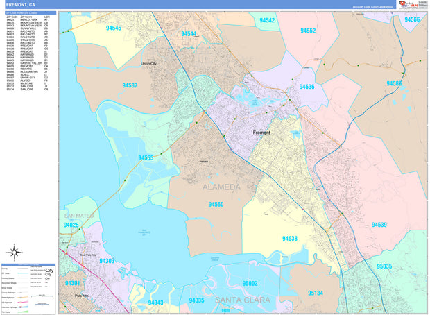 Colorcast Zip Code Style Wall Map of Fremont, CA by Market Maps