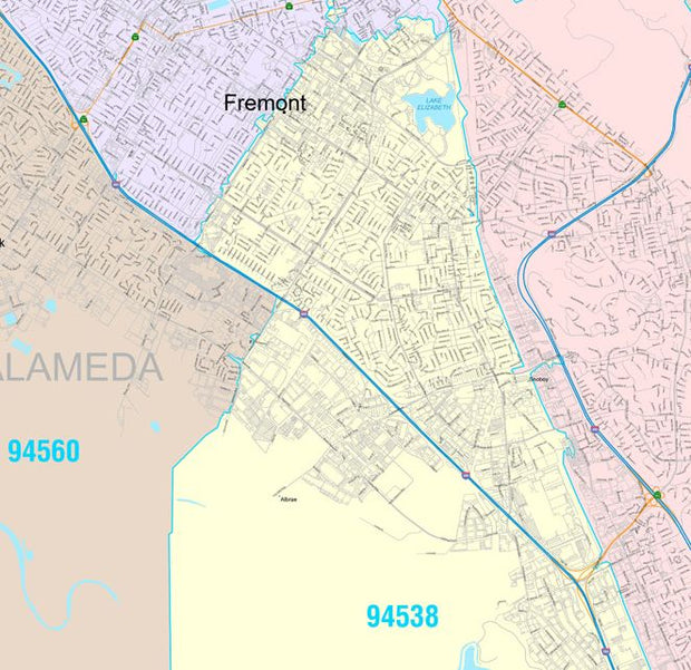 Colorcast Zip Code Style Wall Map of Fremont, CA by Market Maps