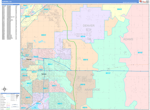 Color Cast Zip Code Style Wall Map of Aurora, CO by Market Maps