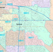 Color Cast Zip Code Style Wall Map of Aurora, CO by Market Maps