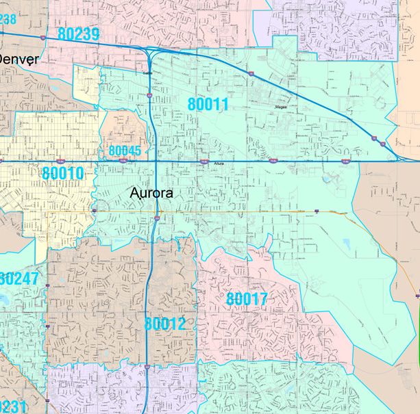 Color Cast Zip Code Style Wall Map of Aurora, CO by Market Maps