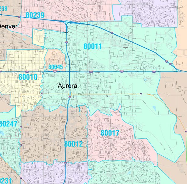 Color Cast Zip Code Style Wall Map of Aurora, CO by Market Maps