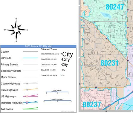 Color Cast Zip Code Style Wall Map of Aurora, CO by Market Maps ...