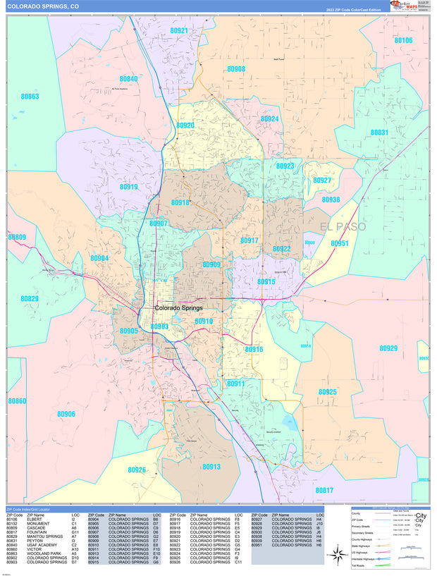 Color Cast Zip Code Style Wall Map of Colorado Springs, CO by Market Maps