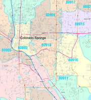 Color Cast Zip Code Style Wall Map of Colorado Springs, CO by Market Maps