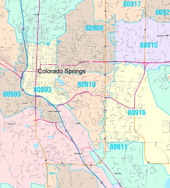 Color Cast Zip Code Style Wall Map of Colorado Springs, CO by Market Maps