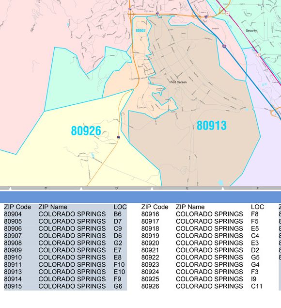 Color Cast Zip Code Style Wall Map of Colorado Springs, CO by Market Maps