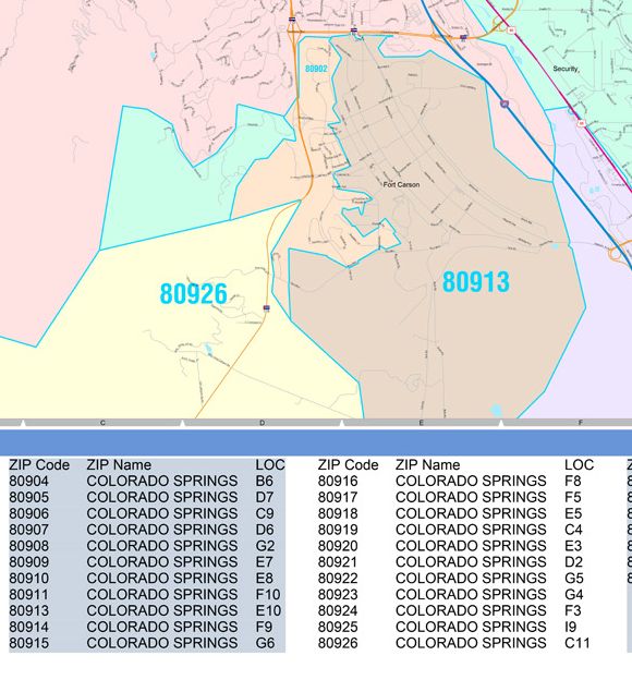 Color Cast Zip Code Style Wall Map of Colorado Springs, CO by Market M ...