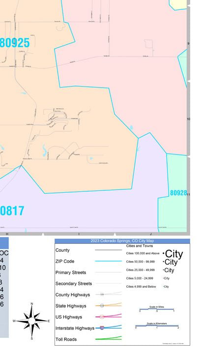 Color Cast Zip Code Style Wall Map of Colorado Springs, CO by Market Maps