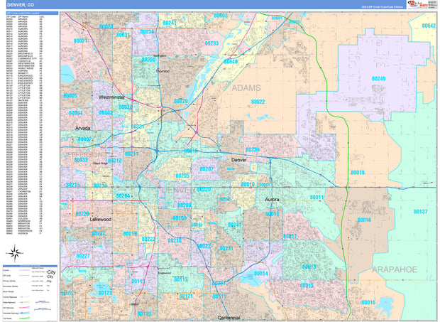 Color Cast Zip Code Style Wall Map of Denver, CO by Market Maps