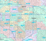 Color Cast Zip Code Style Wall Map of Denver, CO by Market Maps