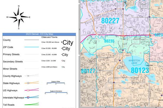 Color Cast Zip Code Style Wall Map of Denver, CO by Market Maps