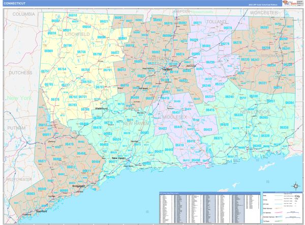 Color Cast Style Connecticut Wall Map