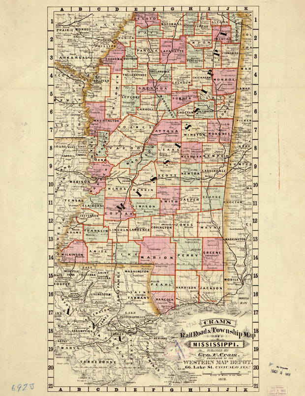 Cram's Railroad & Township Map of Mississippi, 1878
