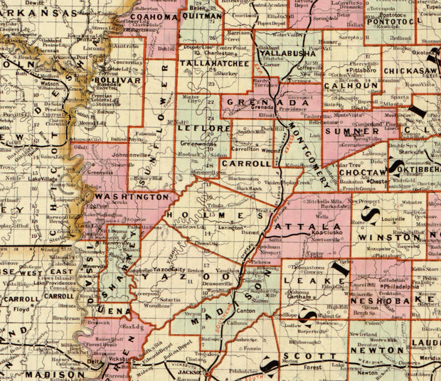 Cram's Railroad & Township Map of Mississippi, 1878