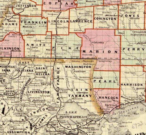 Cram's Railroad & Township Map of Mississippi, 1878