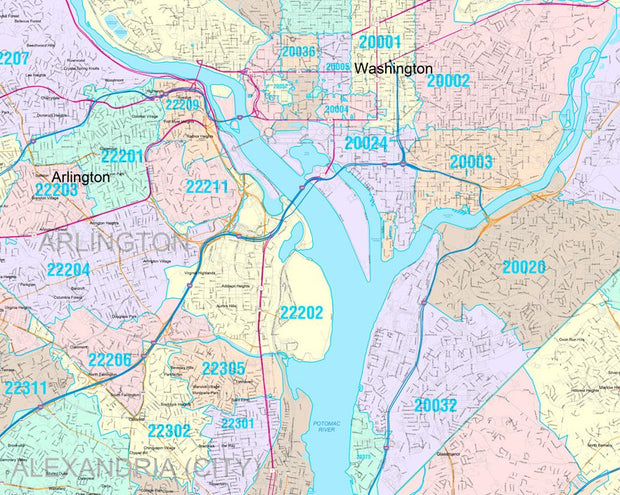 Colorcast Zip Code Style Wall Map of Washington, DC by Market Maps
