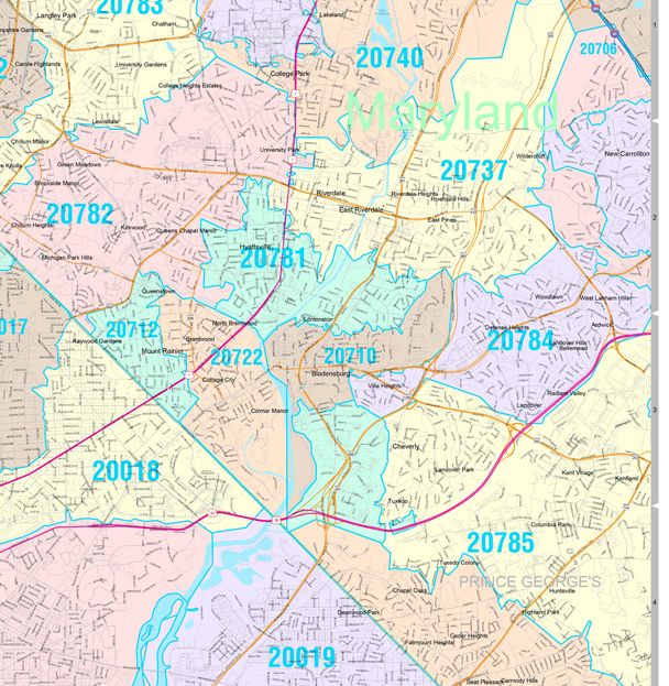 Colorcast Zip Code Style Wall Map of Washington, DC by Market Maps