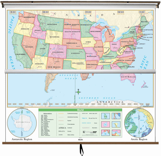 US & World Beginner Classroom - 2 Map Spring Roller Pulldown Set