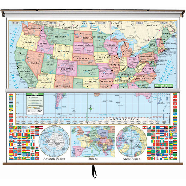 US & World Primary Classroom - 2 Map Spring Roller Pulldown Set