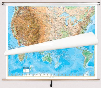 US & World Physical - Advanced Classroom - 2 Map Combo Spring Roller Pulldown Set