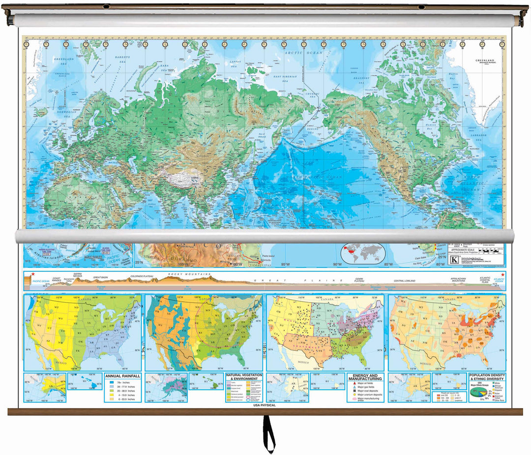 US &amp; World Physical - Advanced Classroom - 2 Map Combo Spring Roller Pulldown Set