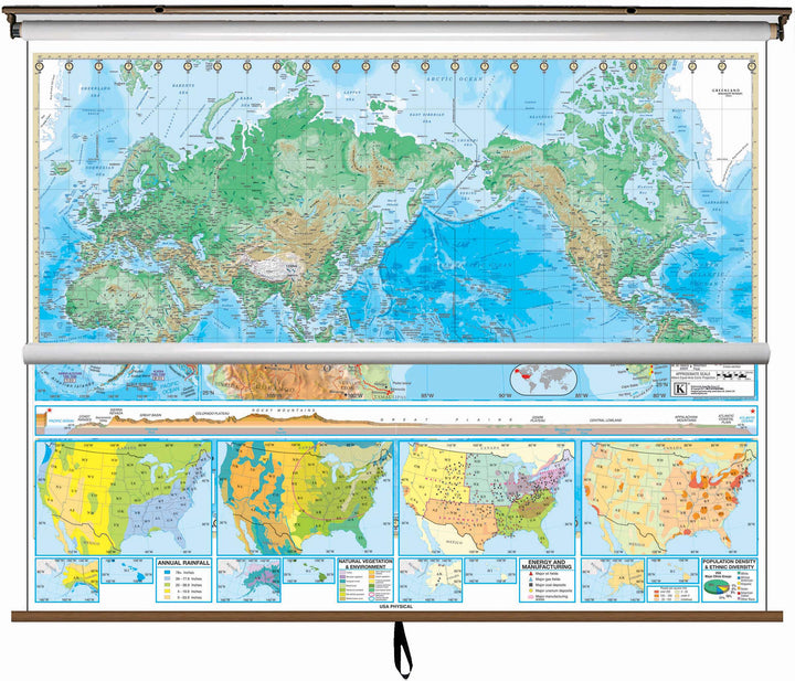 US &amp; World Physical - Advanced Classroom - 2 Map Combo Spring Roller Pulldown Set