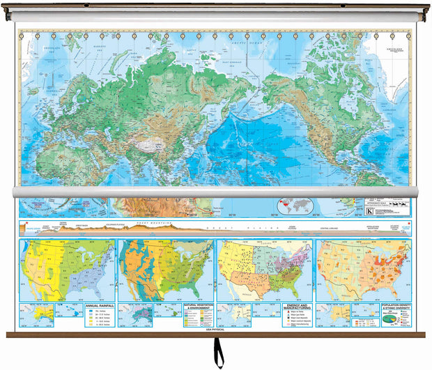 US & World Physical - Advanced Classroom - 2 Map Combo Spring Roller Pulldown Set