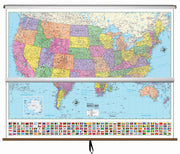 US & World Political - Advanced Classroom - 2 Map Combo Spring Roller Pulldown Set