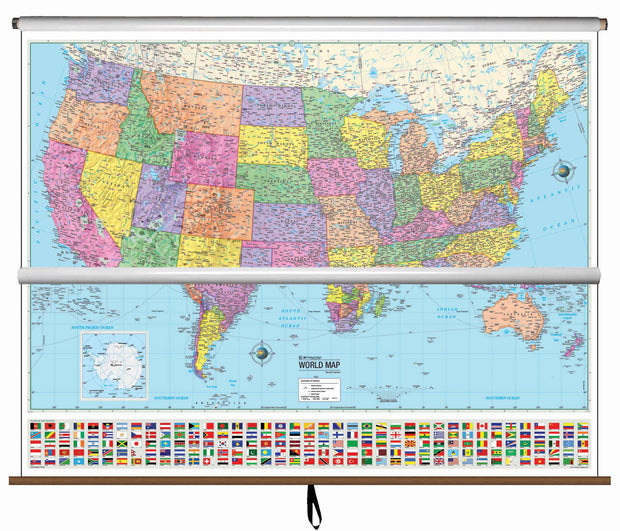 US & World Political - Advanced Classroom - 2 Map Combo Spring Roller Pulldown Set