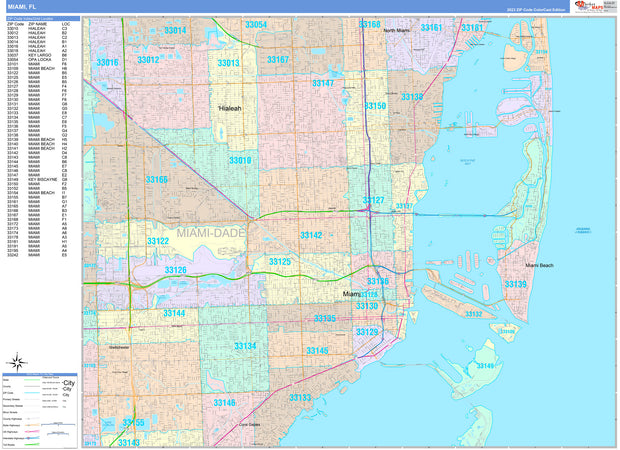 Colorcast Zip Code Style Wall Map of Miami Beach, FL.  by Market Maps