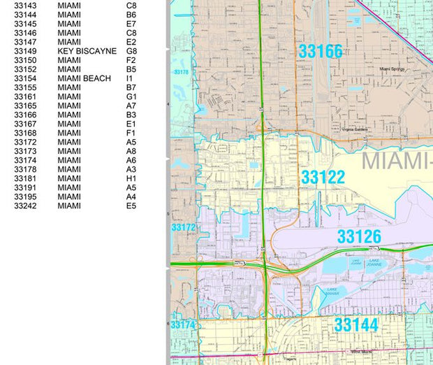 Colorcast Zip Code Style Wall Map of Miami Beach, FL.  by Market Maps