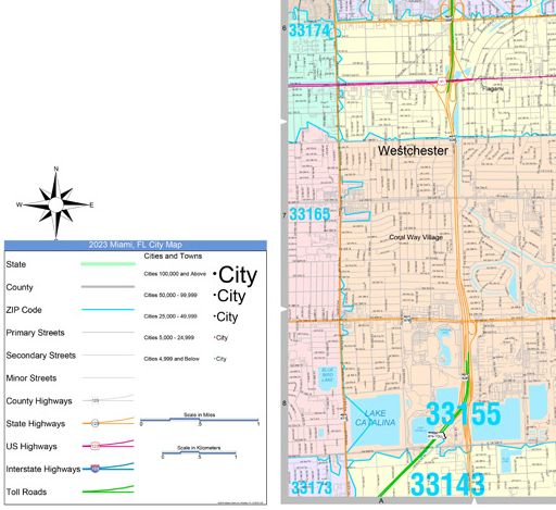 Colorcast Zip Code Style Wall Map of Miami Beach, FL.  by Market Maps