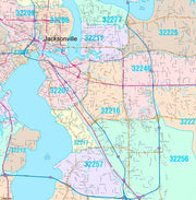 Colorcast Zip Code Style Wall Map of Jacksonville, FL.  by Market Maps