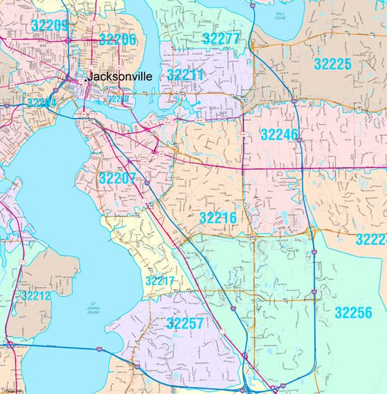 Colorcast Zip Code Style Wall Map of Jacksonville, FL.  by Market Maps