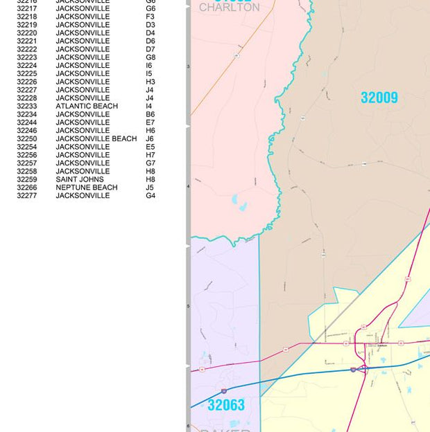 Colorcast Zip Code Style Wall Map of Jacksonville, FL.  by Market Maps