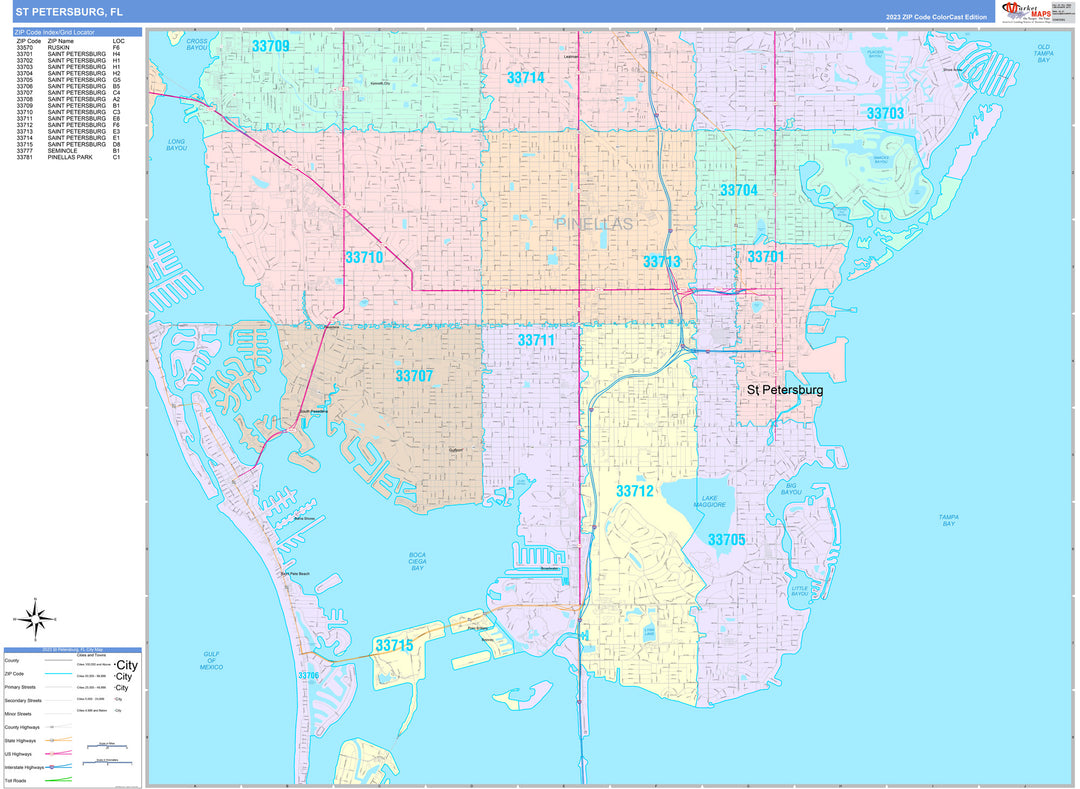 Color Cast Zip Code Style Wall Map of St. Petersburg, FL. by