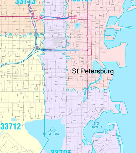 Color Cast Zip Code Style Wall Map of St. Petersburg, FL.  by Market Maps