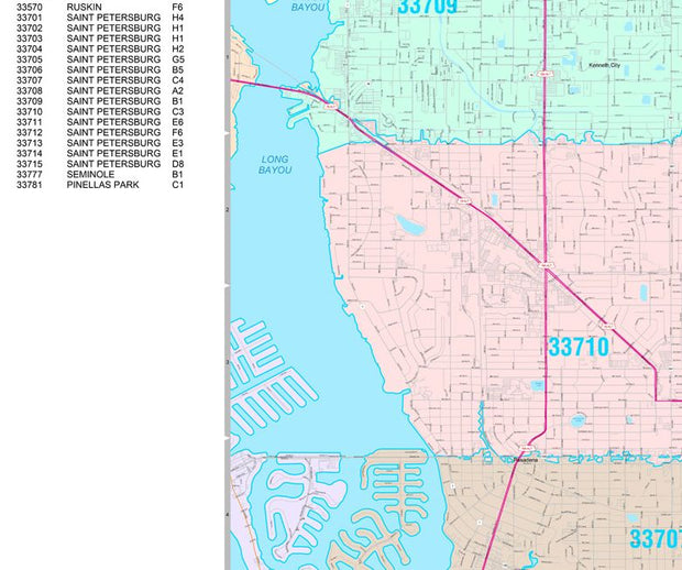 Color Cast Zip Code Style Wall Map of St. Petersburg, FL.  by Market Maps