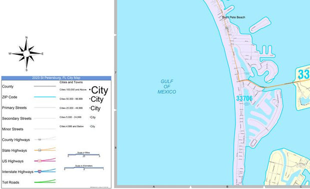 Color Cast Zip Code Style Wall Map of St. Petersburg, FL.  by Market Maps