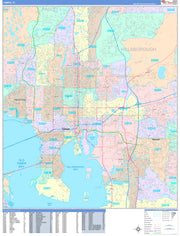 Colorcast Zip Code Style Wall Map of Tampa, FL.  by Market Maps