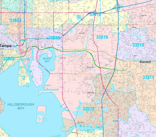 Colorcast Zip Code Style Wall Map of Tampa, FL.  by Market Maps