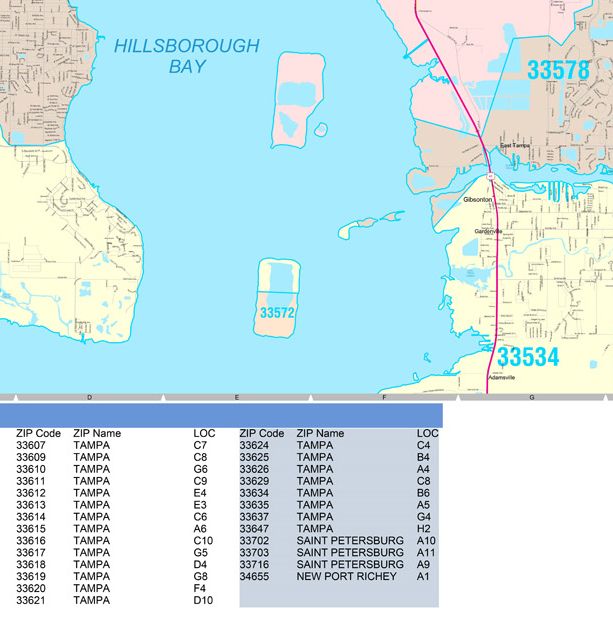 Colorcast Zip Code Style Wall Map of Tampa, FL.  by Market Maps