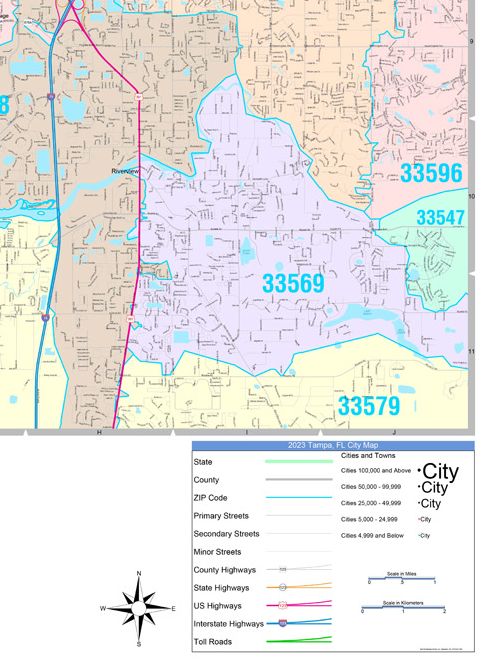 Colorcast Zip Code Style Wall Map of Tampa, FL.  by Market Maps